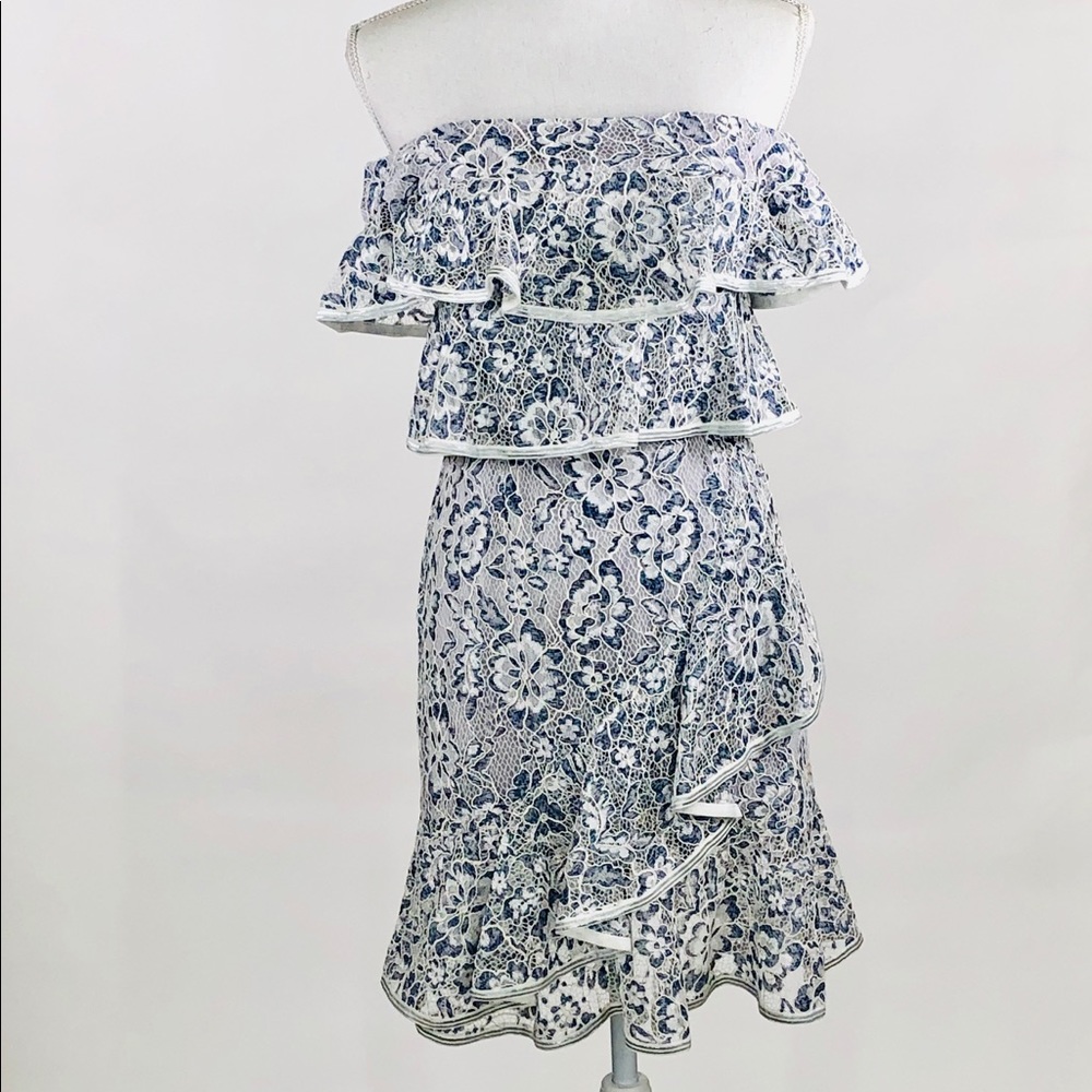 WAYF blue and silver lace dress.